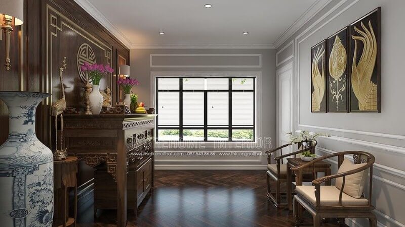 Thiết kế nội thất gỗ cao cấp cùng cách phối màu, trang trí tạo nên vẻ đẹp trang nghiệm, sang trọng cho phòng thờ. thiết kế nội thất chung cư