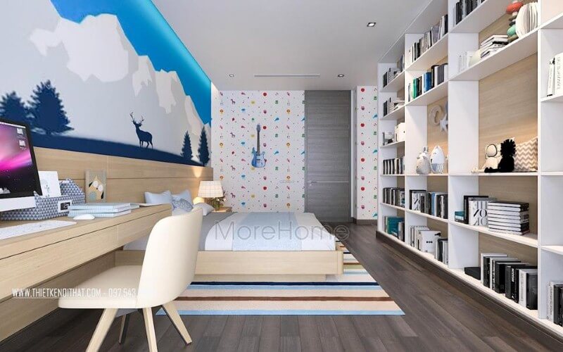 Kệ trang trí phòng ngủ con đẹp, sinh động với thiết kế tủ kệ trang trí nhiều ngăn giúp không gian trở nên thông thoáng, đẹp mắt. thiết kế nội thất chung cư