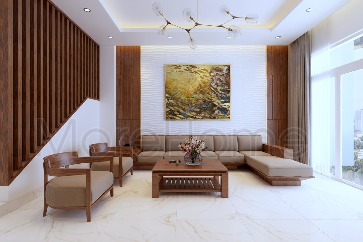 Lựa chọn đá nhân tạo cho tường và sàn phòng khách cho phòng khách giúp căn phòng thoáng rộng hơn Đá ốp phòng khách chung cư