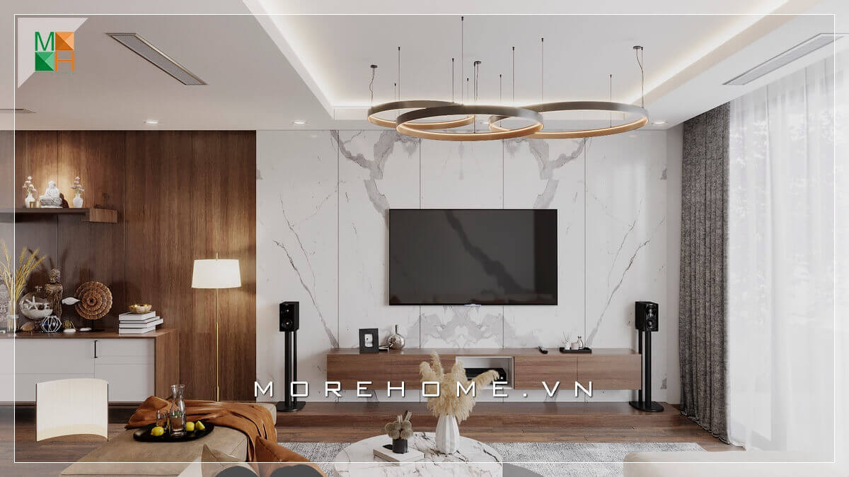 Mẫu ốp tường đá nhân tạo vân mây cao cấp sẽ mang đến vẻ đẹp hiện đại, sang trọng cho không gian phòng khách của bạn Đá ốp phòng khách chung cư