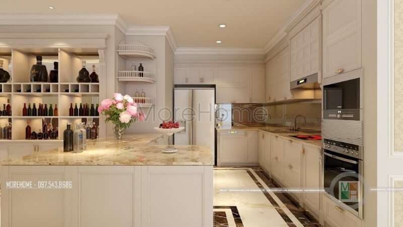 Thiết kế nội thất phòng bếp chung cư cao cấp với tone màu vàng đầy ấn tượng Thiết kế phòng bếp chung cư tân cổ điển