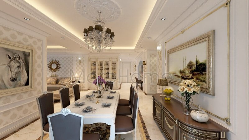 Trang trí nội thất phòng ăn ấn tượng với tone màu nâu trầm được sử dụng mang lại vẻ đẹp ấm áp và gần gũi cho không gian dùng bữa của gia chủ