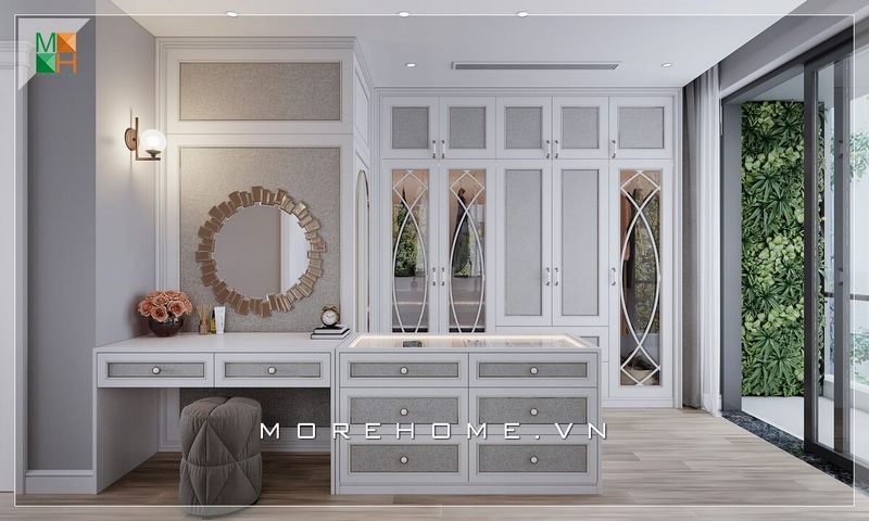 Mẫu thiết kế bàn trang điểm lớn mang phong cách tân cổ điển sắc trắng kết hợp xám rất ấn tượng dành cho chung cư, nhà phố, biệt thự