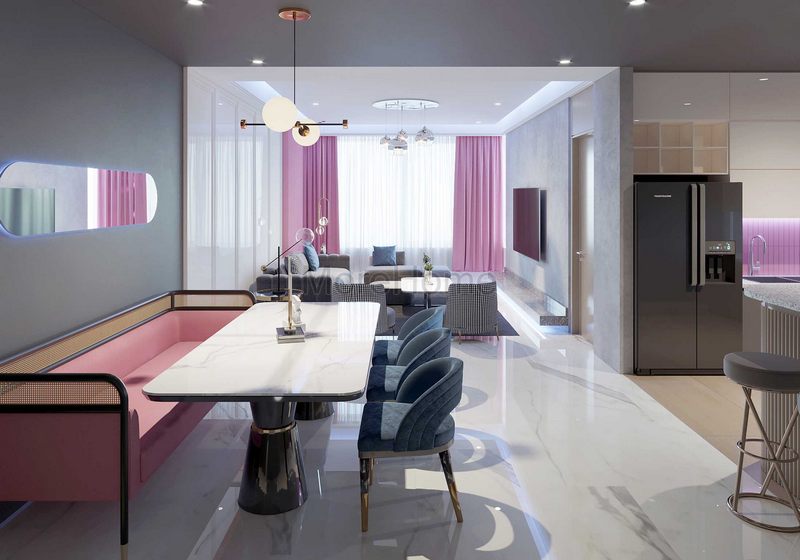 Thiết kế nội thất phòng ăn chung cư với tone màu  cá tính kết hợp màu hồng dễ thương tạo lên sự lãng mạn cho không gian ngôi nhà.