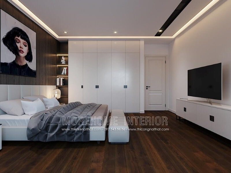 Sắp xếp nội thất phòng ngủ hiện đại ấn tượng với sàn gỗ óc chó cao cấp sang trọng.