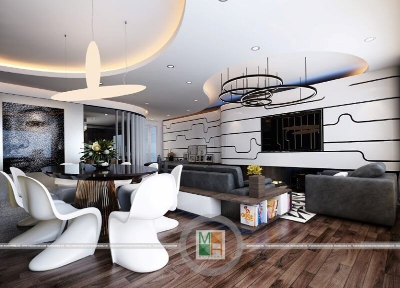 Mẫu thiết kế chung cư hiện đại với màu sắc chủ đạo là màu nâu veneer trầm mang đến cảm giác sang trọng và ấm cúng cho không gian nhà.