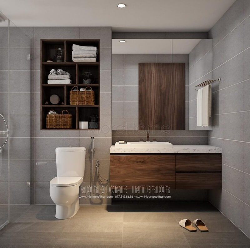 Tủ nhà tắm đẹp ấn tượng từ cánh tủ gỗ óc chó ốp mặt đá sang trọng.