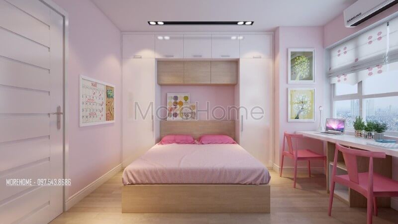 Nội thất phòng ngủ chung cư ấn tượng với gam màu hồng dễ thương