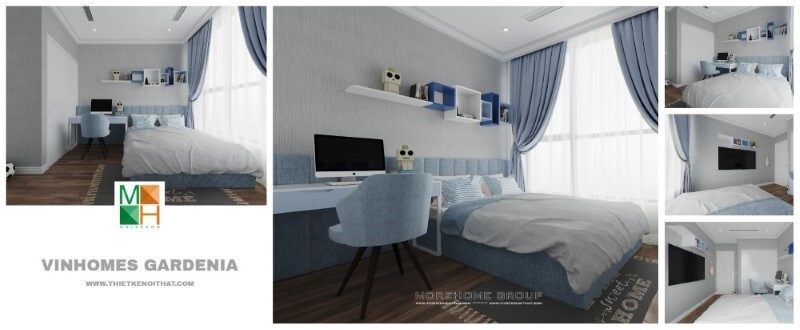 Thiết kế phòng ngủ của con ngay cạnh cửa kính lớn kết hợp 2 lớp rèm giúp phòng con luôn thông thoáng có thể ngăn sáng bất kể lúc nào.