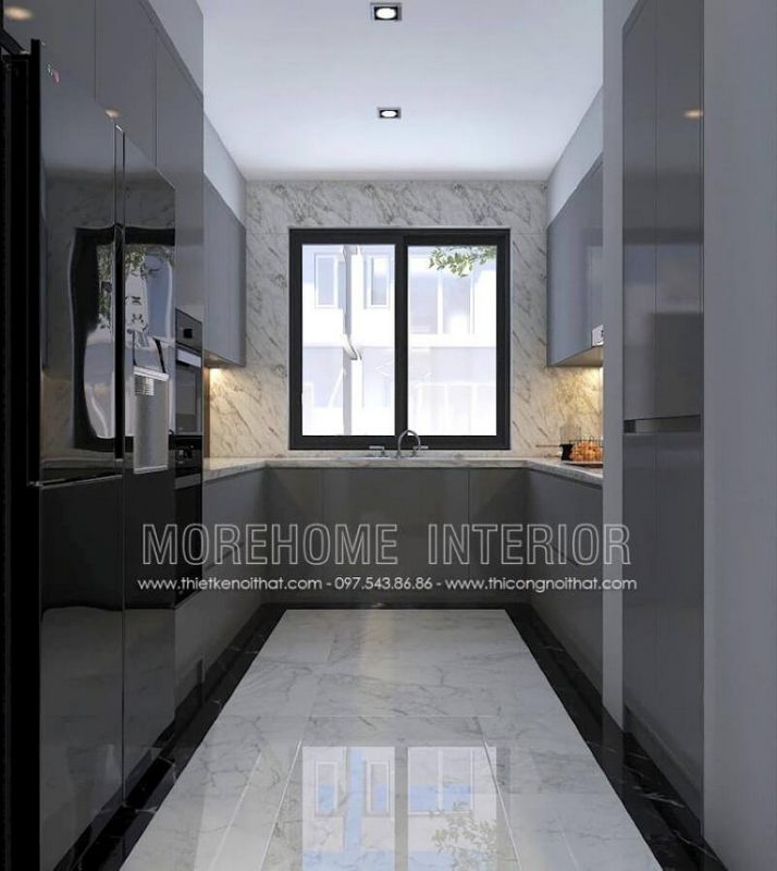 Xu hướng bố trí nội thất phòng bếp sử dụng gỗ công nghiệp acrylic màu xám cùng mảng tường lớn được trang trí bởi đá nhân tạo có vân là điểm nhấn đáng chú ý để bạn có thể rút ngắn thời gian vệ sinh phòng bếp mà vẫn giữ nguyên vẹn vẻ đẹp như ban đầu.