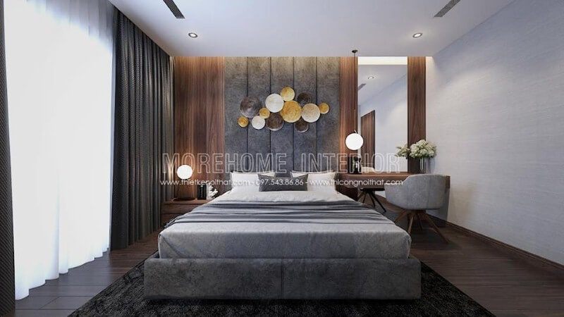 Gỗ ốp đầu giường ấn tượng với đường vân đẹp mắt cùng gam trầm tạo nên vẻ đẹp sang trọng cho phòng ngủ hiện đại.