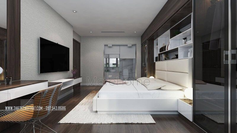 Thiết kế nội thất phòng ngủ master nhà chung cư hiện đại bài trí đồ nội thất đa năng tạo nên không gian nghỉ ngơi và thư giãn tuyệt vời.