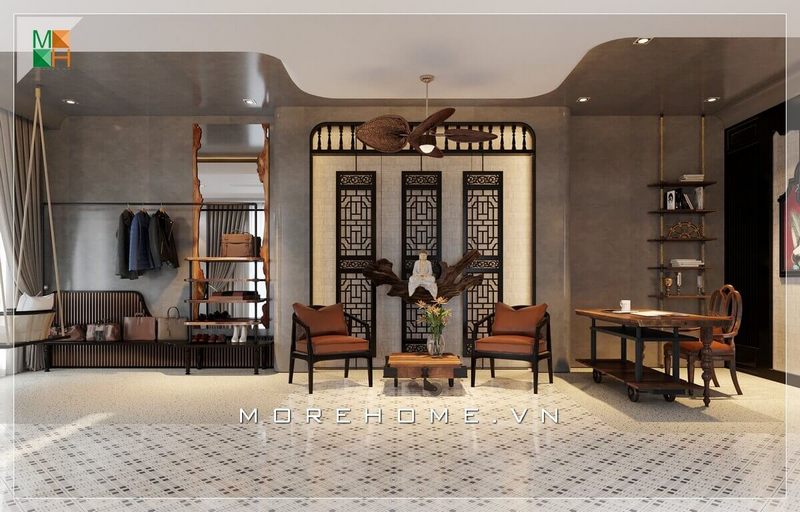 Khu vực giữa ngôi nhà là nơi quan trọng nhất để tiếp đón khách. Nó được bố trí một cách độc đáo với 2 ghế khung gỗ rất ấn tượng và bàn trà độc đáo.